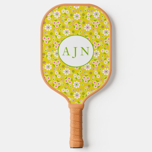 Retro Mod Flowers Yellow & White Monogram Pickleball Paddle (Voorkant)