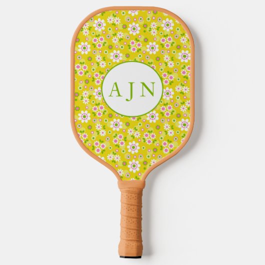 Retro Mod Flowers Yellow & White Monogram Pickleball Paddle (Achterkant)