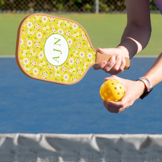Retro Mod Flowers Yellow & White Monogram Pickleball Paddle (Insitu)