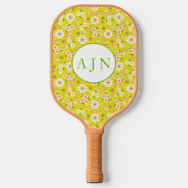 Retro Mod Flowers Yellow & White Monogram Pickleball Paddle