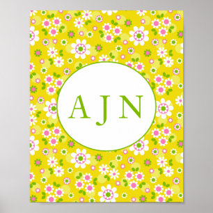 Retro Mod Flowers Yellow & White Monogram Poster