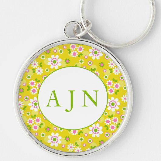 Retro Mod Flowers Yellow & White Monogram Sleutelhanger (Voorkant)