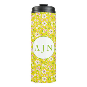 Retro Mod Flowers Yellow & White Monogram Thermosbeker