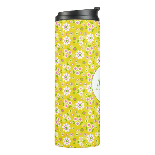 Retro Mod Flowers Yellow & White Monogram Thermosbeker (Gedraaid links)