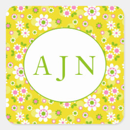 Retro Mod Flowers Yellow & White Monogram Vierkante Sticker
