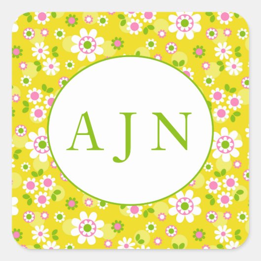 Retro Mod Flowers Yellow & White Monogram Vierkante Sticker (Voorkant)