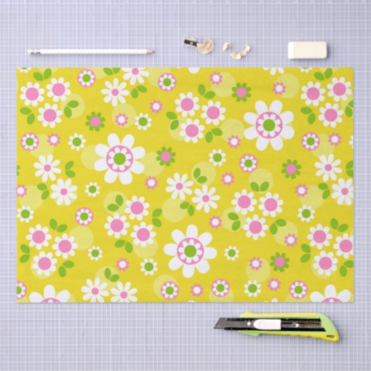 Retro Mod Flowers Yellow & White Tissuepapier (Craft)
