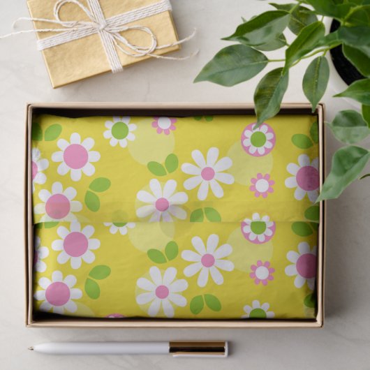 Retro Mod Flowers Yellow & White Tissuepapier (Geschenk)