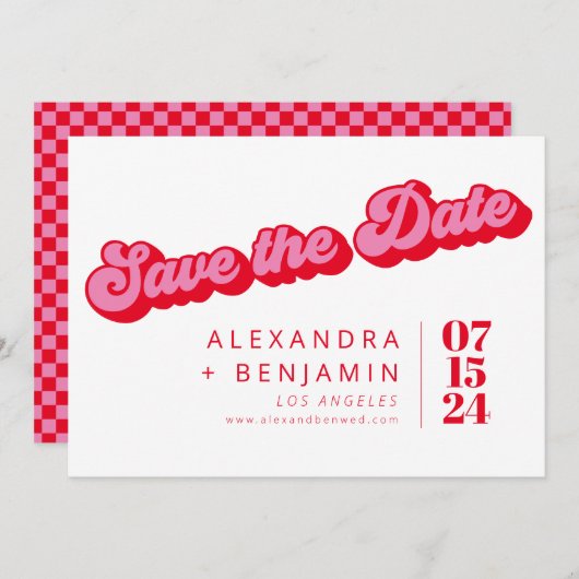 Retro Mod Groovy Bold Pink Red Checkerboard Save The Date (Voorkant / Achterkant)