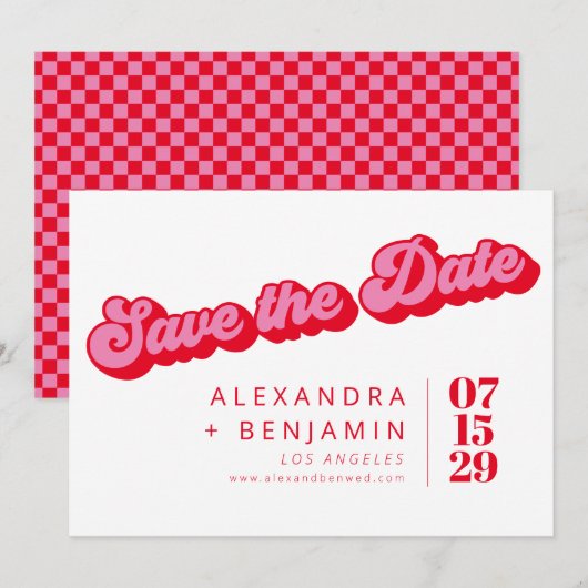 Retro Mod Groovy Vet Gebold Pink Rood Dambord Save The Date (Voorkant / Achterkant)