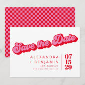 Retro Mod Groovy Vet Rood Roze Dambordpatroon Save The Date (Voorkant / Achterkant)