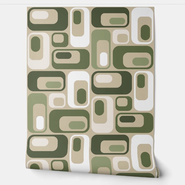Retro Mod Ovals Beige Groen Behang (Afrollen)