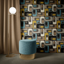 Retro Mod Ovals Blauw Bruin Mosterd Beige Zwart