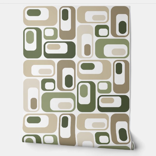 Retro Mod Ovals Groen Beige Behang (Afrollen)