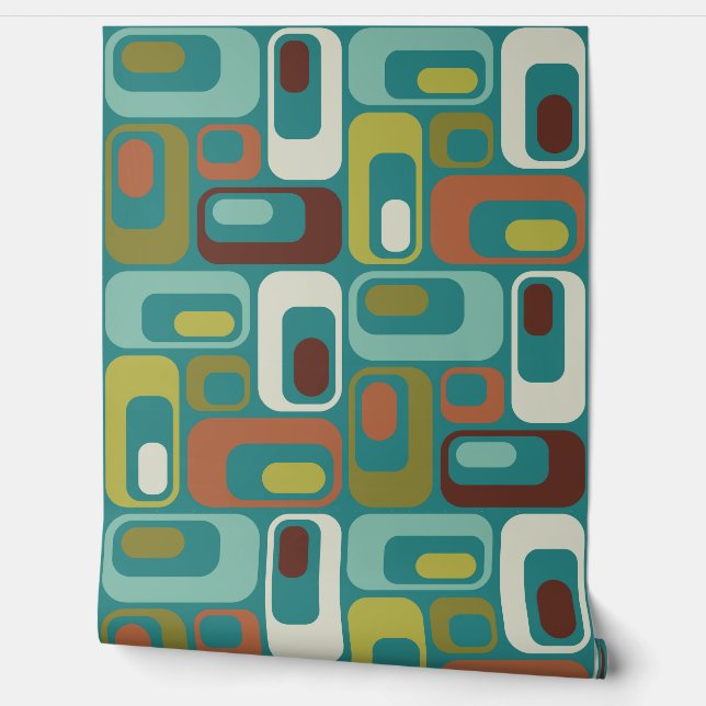 Retro Mod Ovals Kussen Blauwgroen Aqua Groen Bruin Behang (Afrollen)