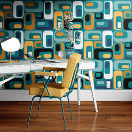 Retro Mod Ovals Mosterd Blauwgroen Aqua Blue Zwart Behang