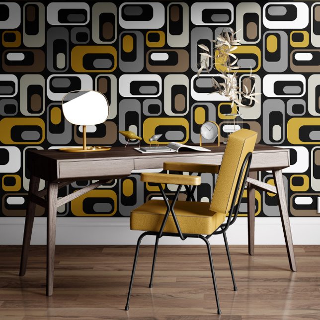 Retro Mod Ovals Mustard Beige Taupe Grey Black  Behang (Creator heeft geüpload)