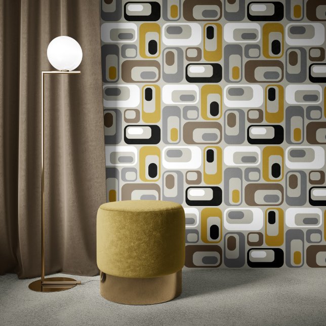 Retro Mod Ovals Mustard Grey Beige Taupe Black  Behang (Creator heeft geüpload)