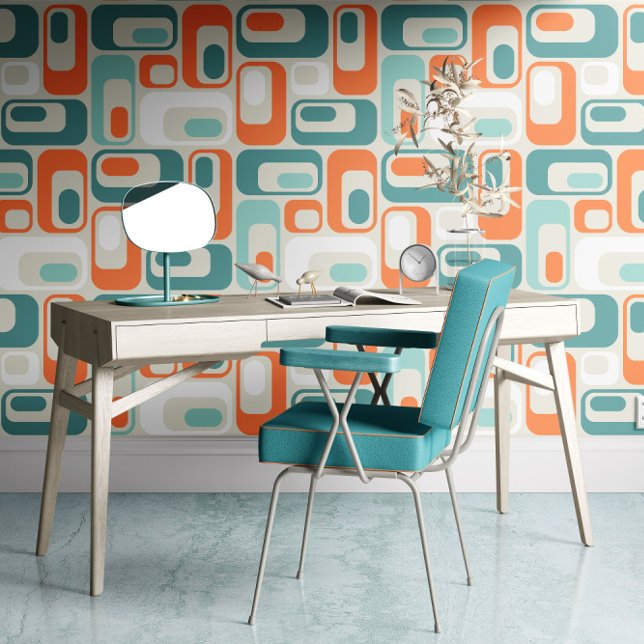 Retro Mod Ovals Orange Mint Teal Aqua Blue Behang (Creator heeft geüpload)