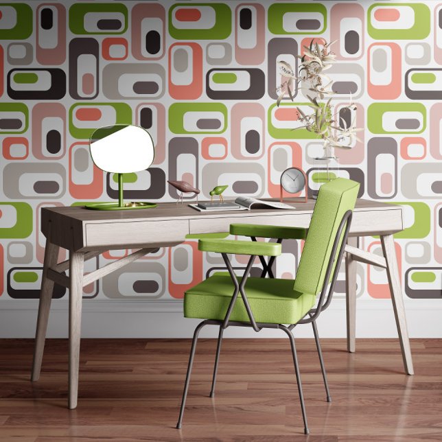 Retro Mod Ovals Salmon Blush Pink Rose Taupe Green Behang (Creator heeft geüpload)