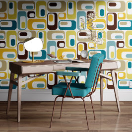 Retro Mod Ovals Teal Blue Brown Mustard Yellow Behang