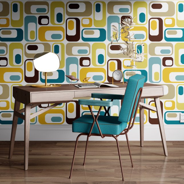 Retro Mod Ovals Teal Blue Brown Mustard Yellow Behang (Creator heeft geüpload)