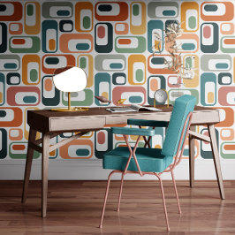 Retro Mod Ovals Teal Sage Rust Orange Pink Grey Behang