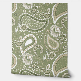 Retro Mod Paisley Olijf Sage Groen Beige Behang