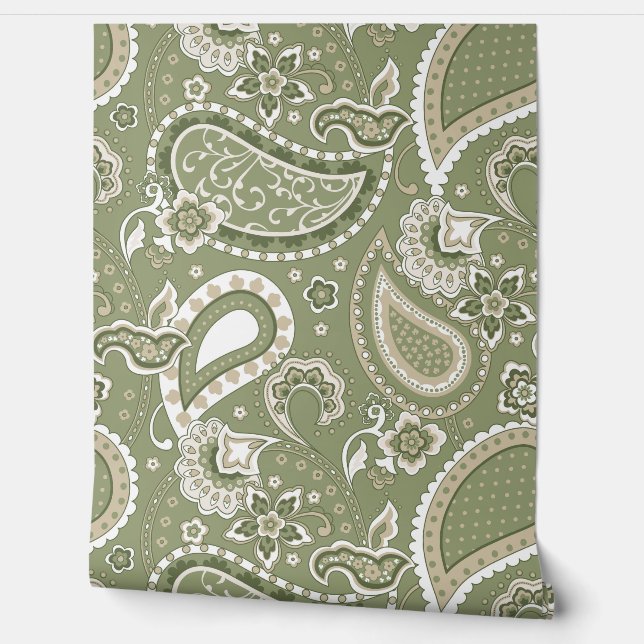 Retro Mod Paisley Olijf Sage Groen Beige Behang (Afrollen)