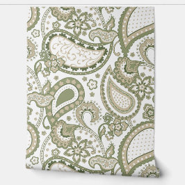 Retro Mod Paisley Olijf Sagegroen Beige Behang