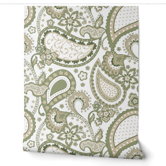 Retro Mod Paisley Olijf Sagegroen Beige Behang