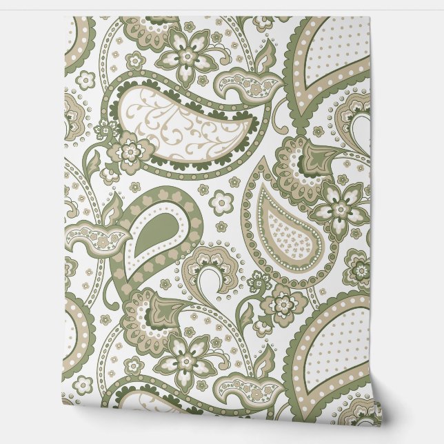 Retro Mod Paisley Olijf Sagegroen Beige Behang (Afrollen)