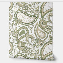 Retro Mod Paisley Olive Sage Green Beige