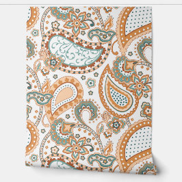 Retro Mod Paisley Teal Sage Peach Rust Orange  Behang