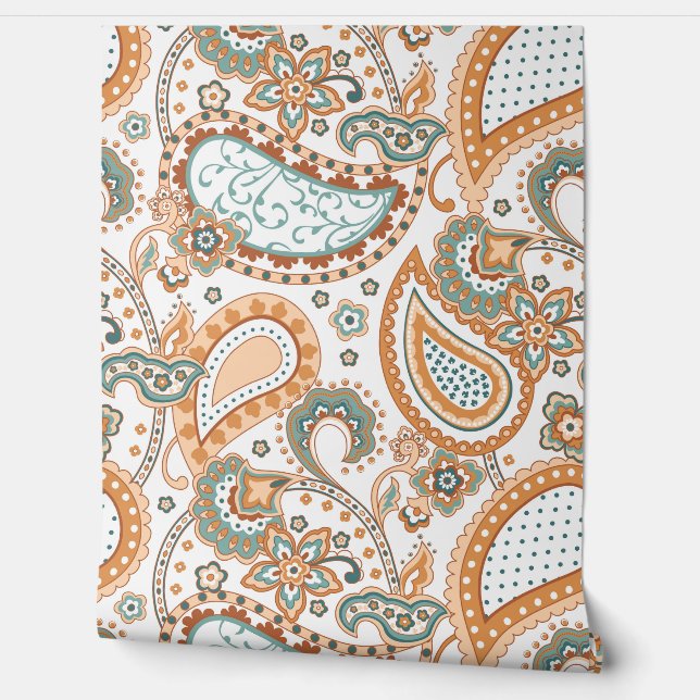 Retro Mod Paisley Teal Sage Peach Rust Orange  Behang (Afrollen)