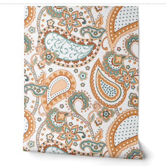Retro Mod Paisley Turquoise Salie Perzik Roest Ora Behang