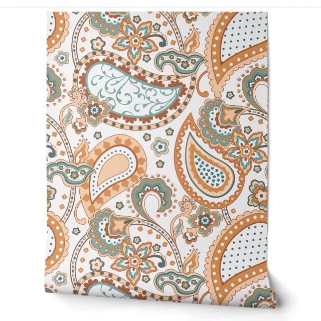 Retro Mod Paisley Turquoise Salie Perzik Roest Ora Behang (Afrollen)