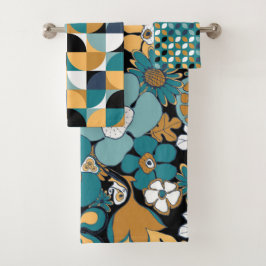 Retro Mod patronen Aqua Teal Mosterd Zwart Wit Bad Handdoek