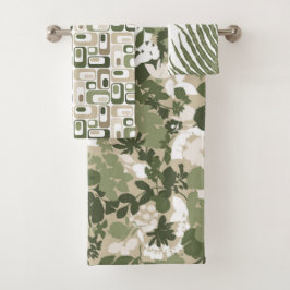 Retro Mod patronen salie olijfgroen beige Bad Handdoek