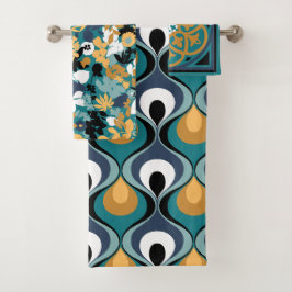 Retro Mod patronen turquoise mosterd zwart wit aqu Bad Handdoek