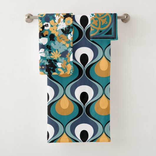 Retro Mod patronen turquoise mosterd zwart wit aqu Bad Handdoek (Insitu)