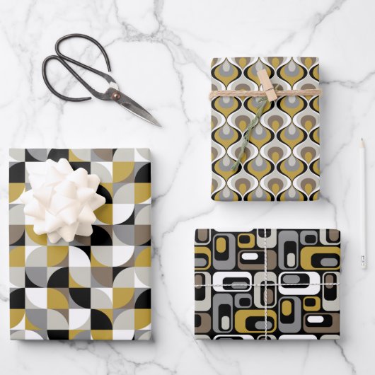 Retro Mod Patterns Mustard Beige Taupe Grey Inpakpapier Vel (Voorkant)