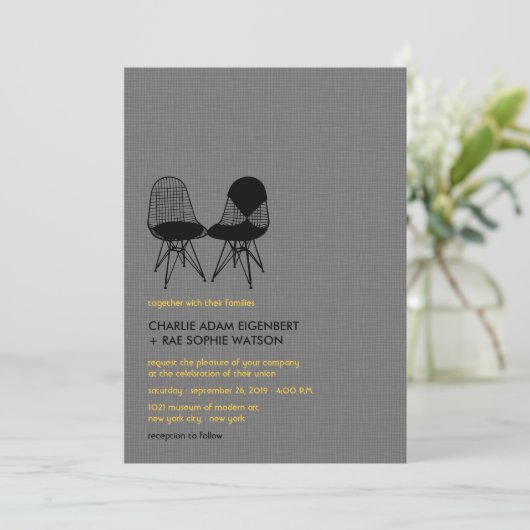 Retro Mod Perfect Stoel Pair Eames Wedding Invite Kaart (Staand voorkant)