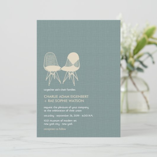 Retro Mod Perfect Stoel Pair Eames Wedding Invite Kaart (Staand voorkant)