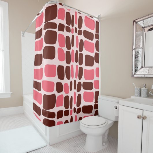 Retro Mod Pink & Chocolate Geometric Douchegordijn (In situ)