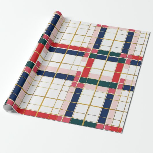 Retro MOD Plaid Red Blue Gold Cadeaupapier (Uitgerold)