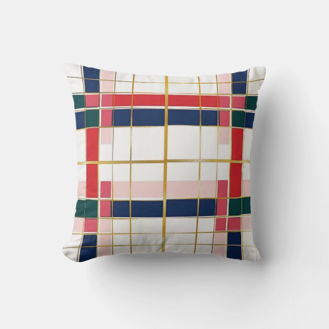 Retro MOD Plaid Rood Blauw Goud Kerstmis Kussen (Voorkant)
