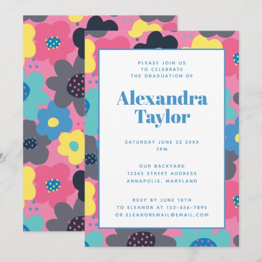 Retro Mod Pop Flowers Graduy Party Uitnodiging (Voorkant / Achterkant)