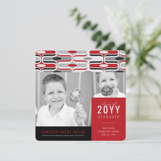 Retro Mod Red en Black Ogee 2 Foto Afstuderen Aankondiging (Staand voorkant)