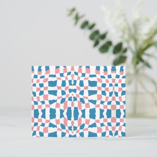 Retro Mod Roze Blauw Checkerboard Abstract Briefkaart (Staand voorkant)
